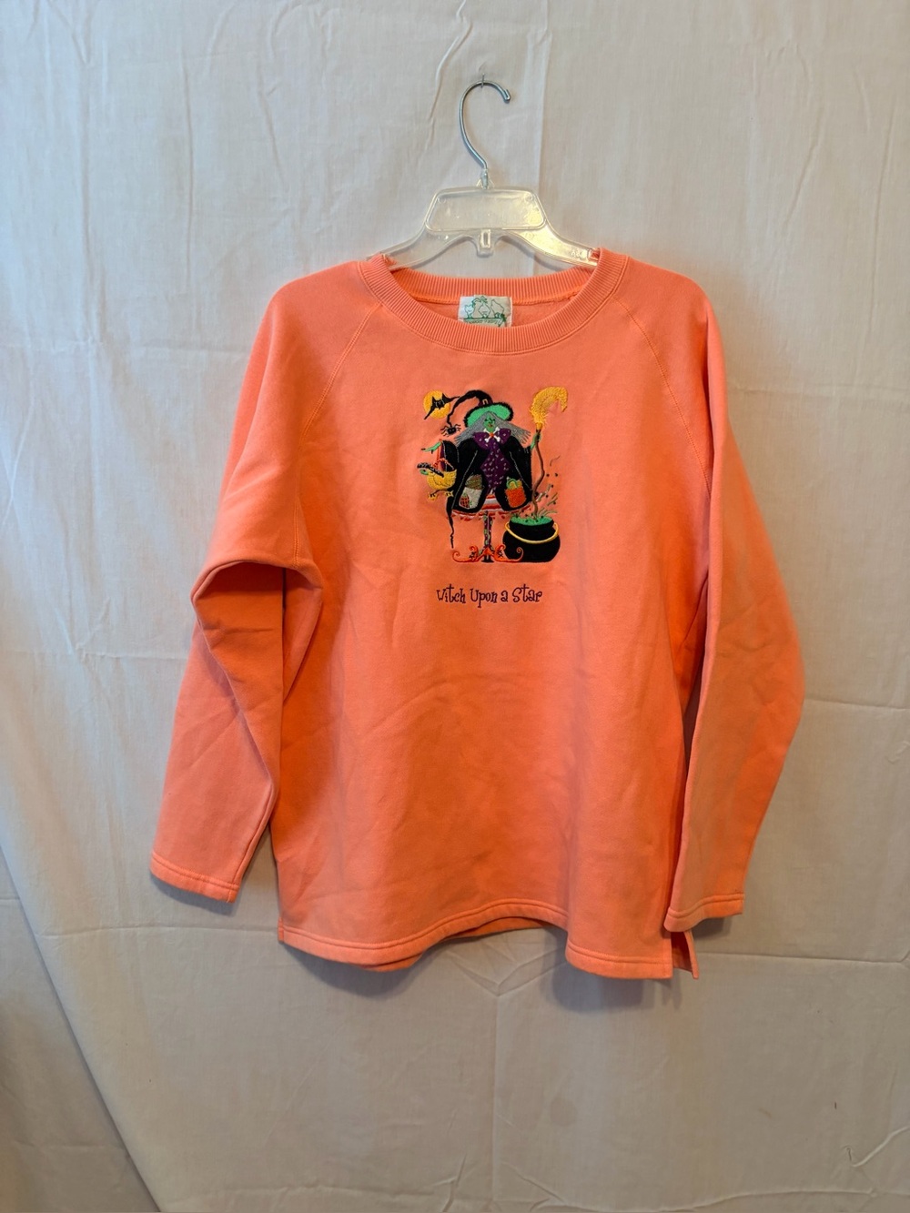 Quacker Factory Coral Orange Witch Embroidered Sweatshirt